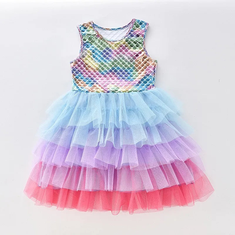 Girls Rainbow Mermaid Tutu Dress - Sleeveless Sequin Tulle Princess Party Costume