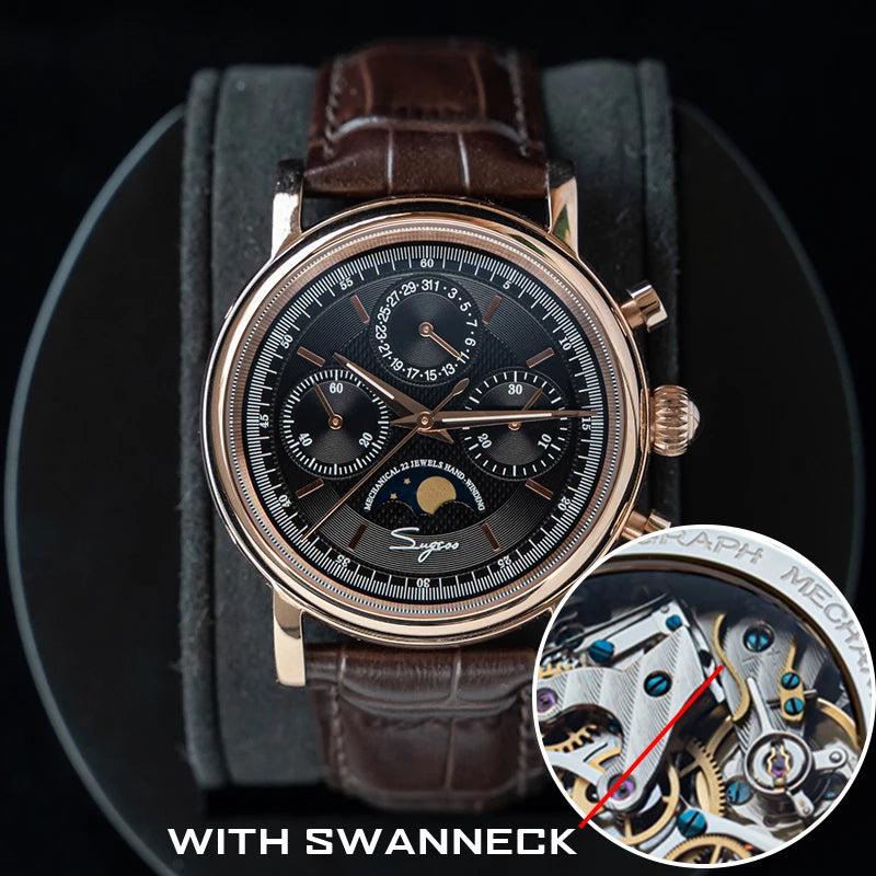 Sugess ST1908 Mechanical Chronograph Watch for Men – Swan Neck Movement, Moonphase Calendar, Vintage Leather Strap, 2023 Model