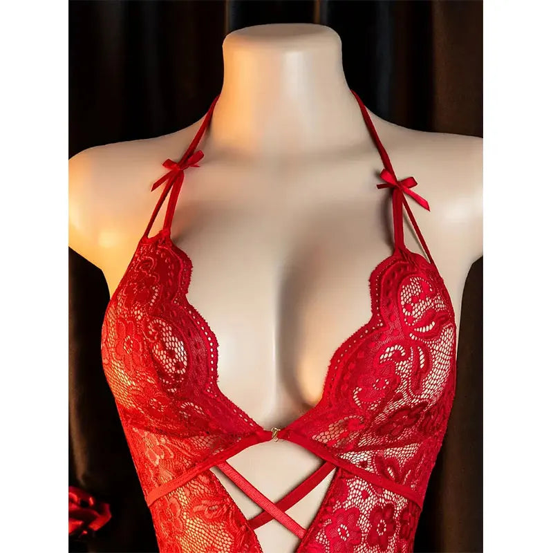 Front Clasp Lace Lingerie Set - Deep V Crotchless Corset Bra & Sexy Hollow Baby Doll Dress