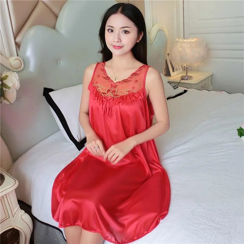 Midnite Star Women’s Ice Silk Sleepwear Set – V-Neck Lace Nightdress Pyjamas, Homewear Nightgown, Plus Size