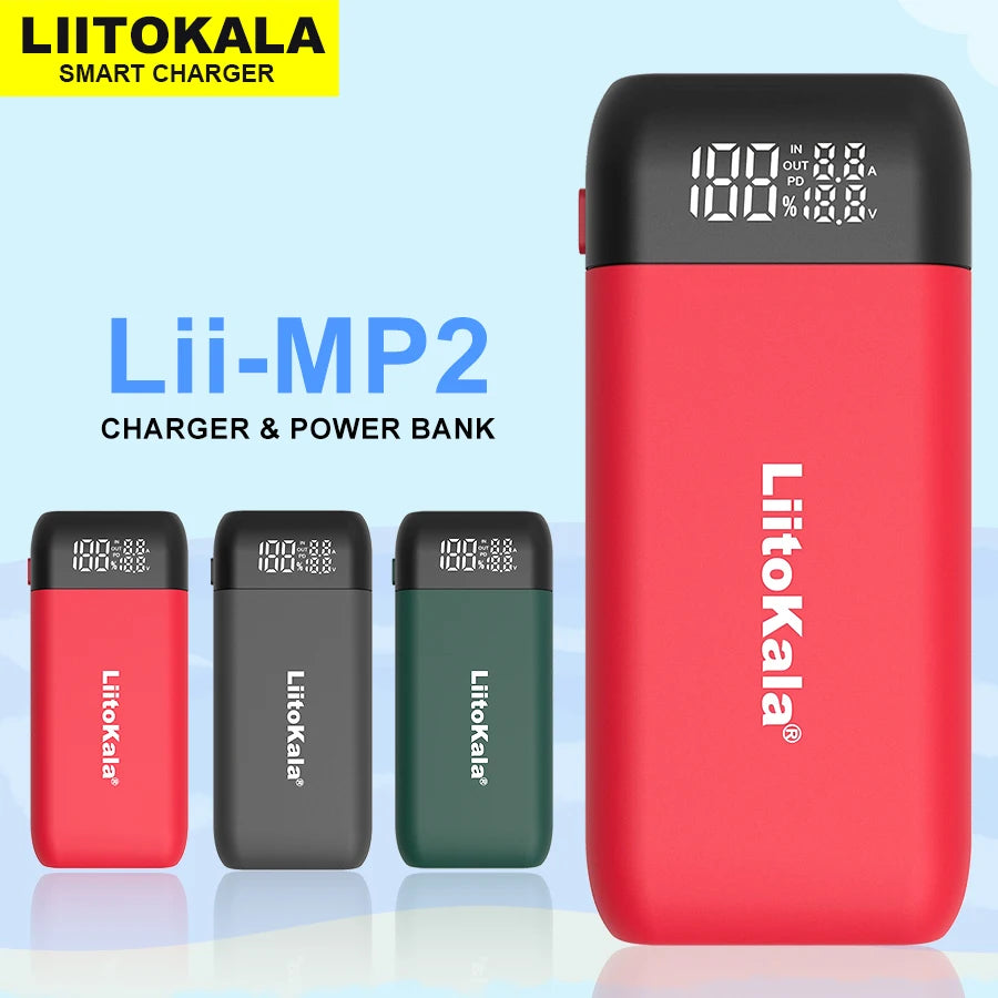 LiitoKala Lii-MP2 Battery Charger & Power Bank - 18650/21700 Rechargeable with QC3.0 Input/Output & Digital Display