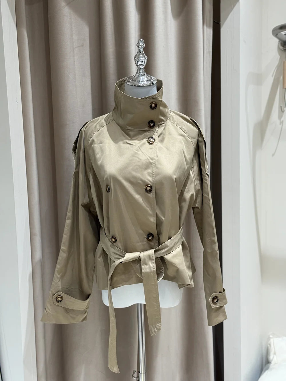 Women’s Belted Cropped Trench Jacket, Double-Breasted Stand Collar Coat – Chic Vintage Casual Fall 2025 Outerwear
