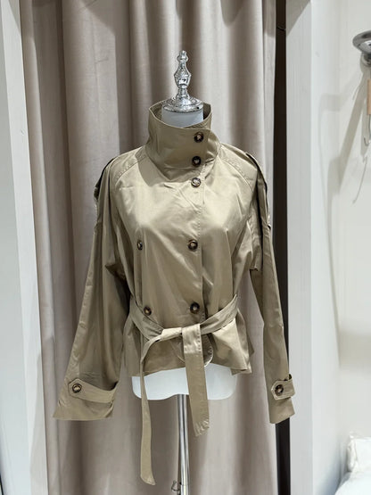 Women’s Belted Cropped Trench Jacket, Double-Breasted Stand Collar Coat – Chic Vintage Casual Fall 2025 Outerwear