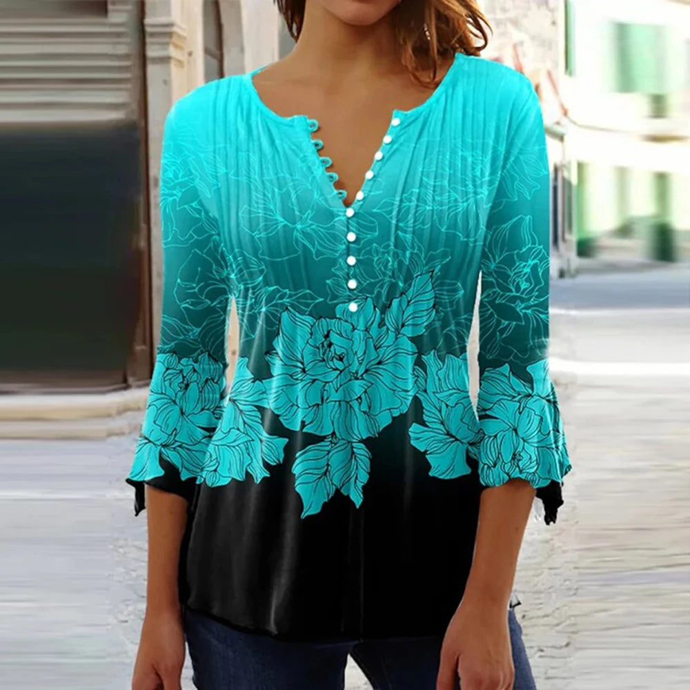2024 Trendy 3D Printed Women’s Blouse Shirt – V Neck Button-Up 3/4 Sleeve Elegant Spring Summer Fashion Top