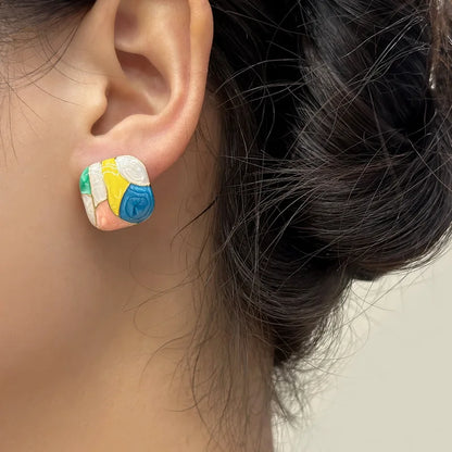 Colorful Square Patchwork Stud Earrings – Romantic Ear Jewelry for Women Christmas Gift