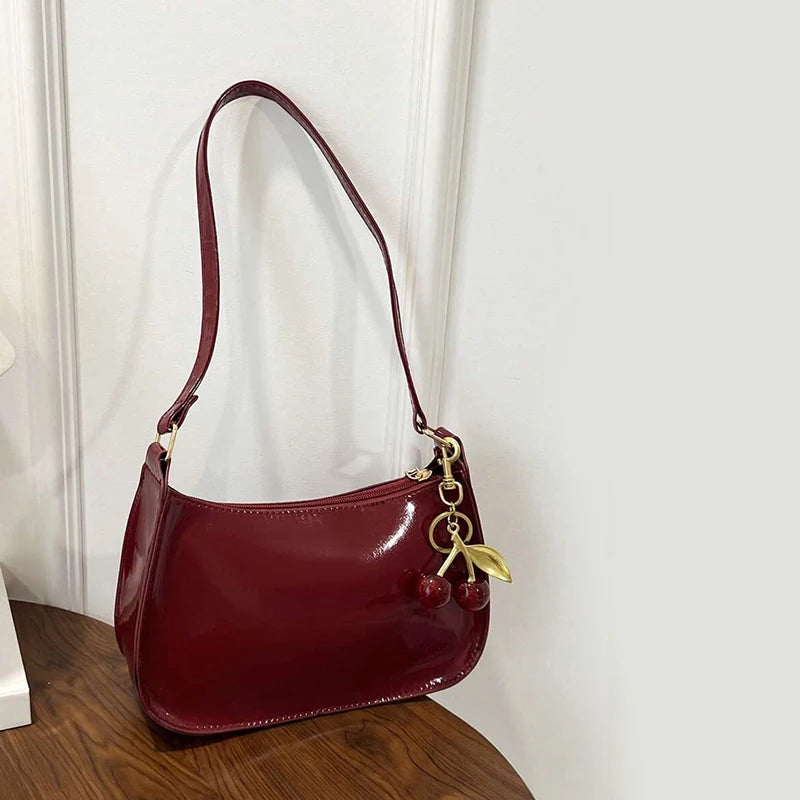 Women's PU Leather Shoulder Handbag – Solid Color Versatile Underarm Bag with Cherry Pendant Casual Commuting Purse