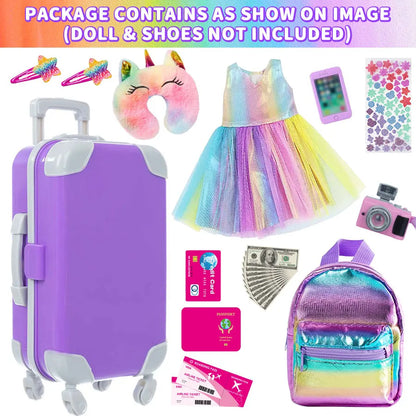 18-Inch Doll Clothes & Accessories Travel Set – Includes Pillow, Unicorn Bag, Camera, Computer, Phone & Passport, Gift for Kids