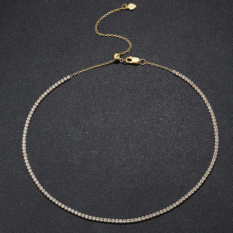 2mm Moissanite Tennis Necklace for Women – S925 Silver, 18K Gold Plated Adjustable Choker Wedding Jewelry