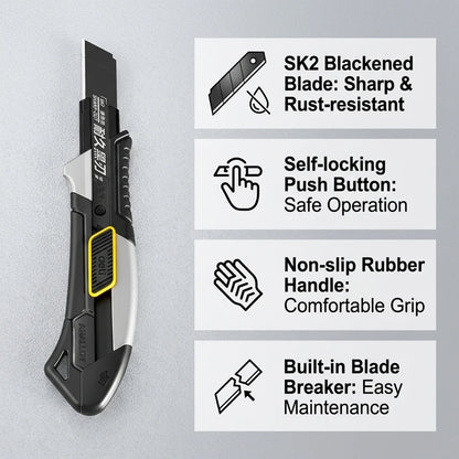 Pro Aluminum Utility Knife 18mm - SK2 Black Blade Heavy-Duty Box Cutter with 10 Replacement Blades