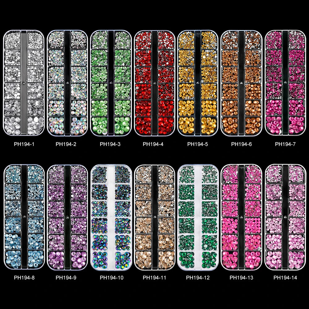 12-Grid Mixed Nail Rhinestones SS6-SS30 – Shiny Flat-Back Gems in Clear, Gold, Pink & Blue for Nail Art Decoration