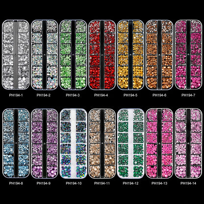 12-Grid Mixed Nail Rhinestones SS6-SS30 – Shiny Flat-Back Gems in Clear, Gold, Pink & Blue for Nail Art Decoration