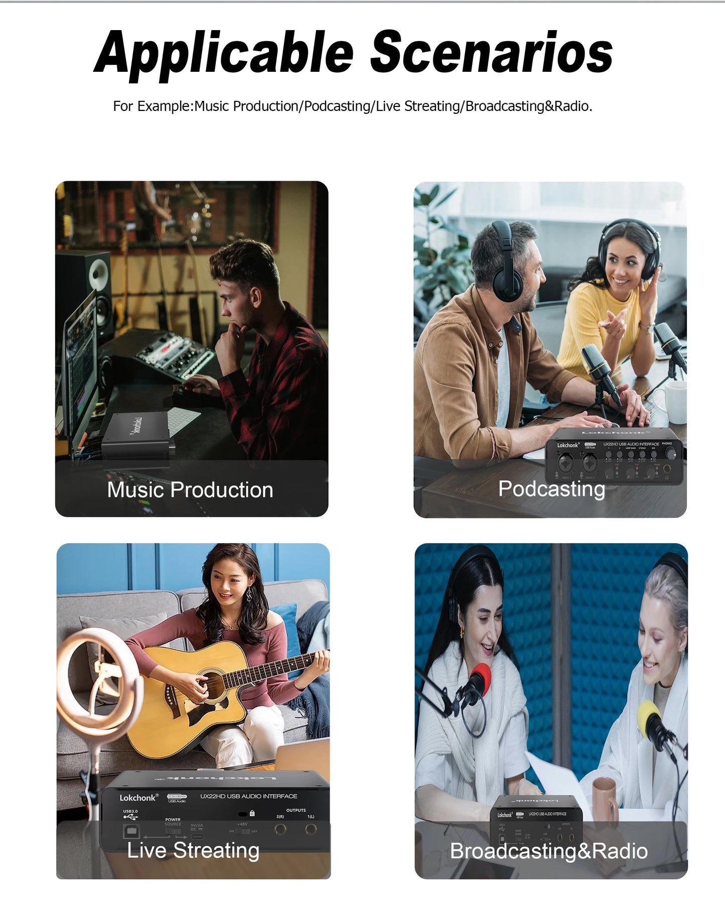 UX22 Audio Interface Sound Card – 32-bit/192KHz AD Converter for Electric Guitar, Live Recording, Studio Singing & Podcast