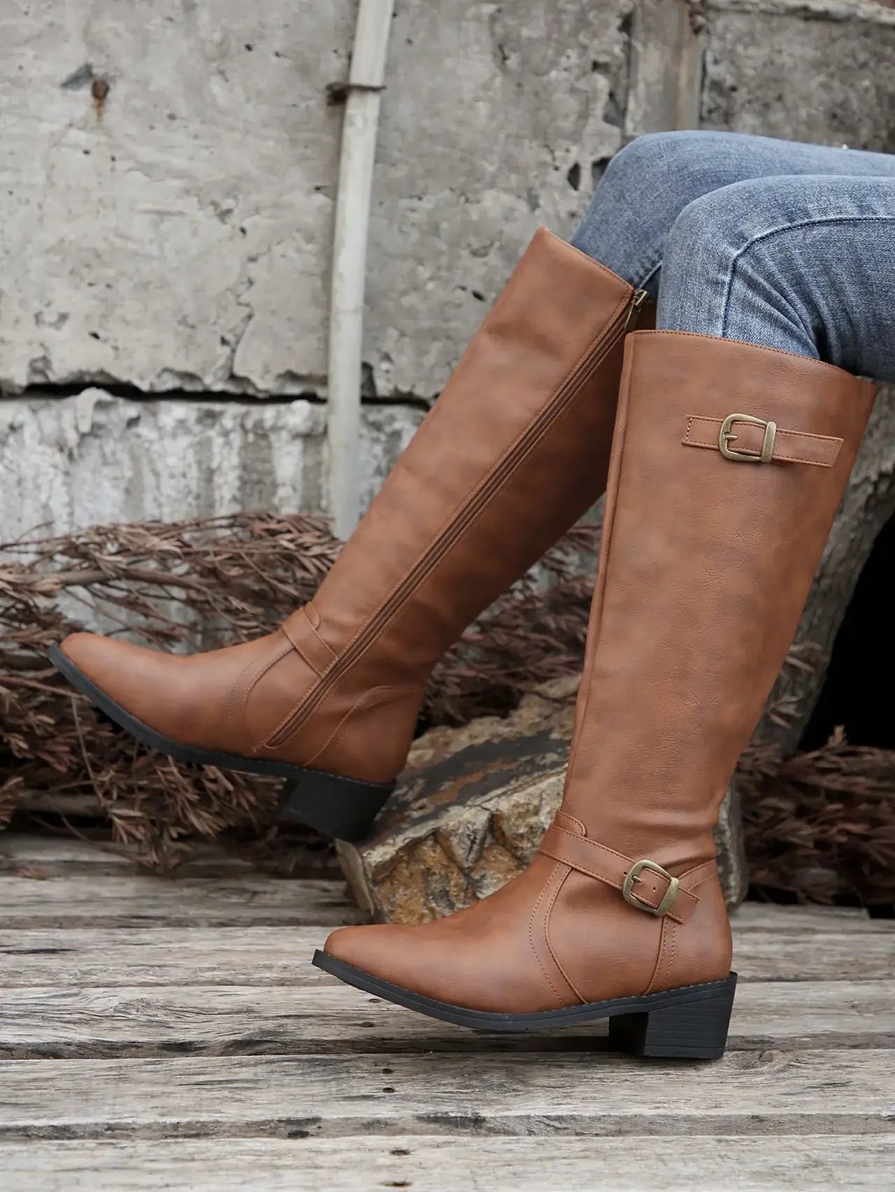 Women’s Winter High-Top Knight Boots – Side Zipper & Belt Buckle, Pointed Toe, PU Material with Cotton Lining