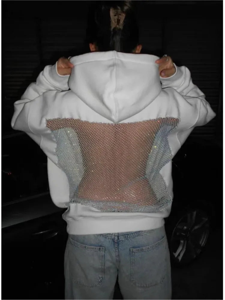 Women's Lace Splice Hoodie - Sexy See-Through Backless Fleece Pullover for Autumn & Winter Streetwear Fashion
