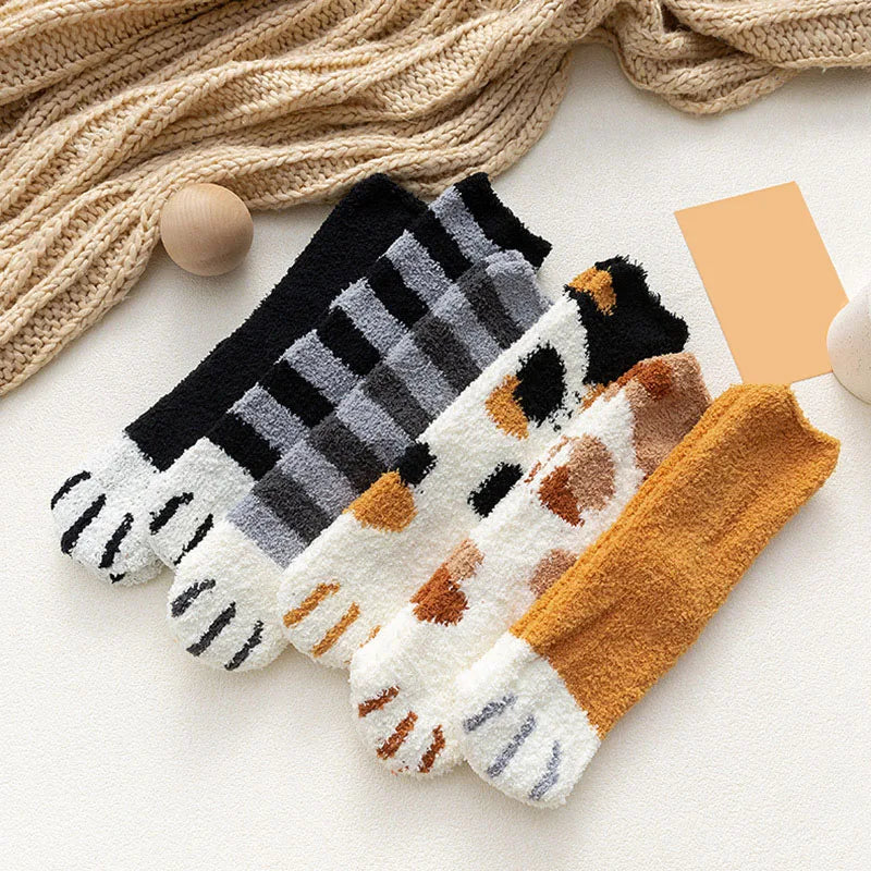Women's Winter Warm Fluffy Socks - Cute Animal Claw and Cat Paw Prints, Thick Coral Fleece Home and Sleep Socks