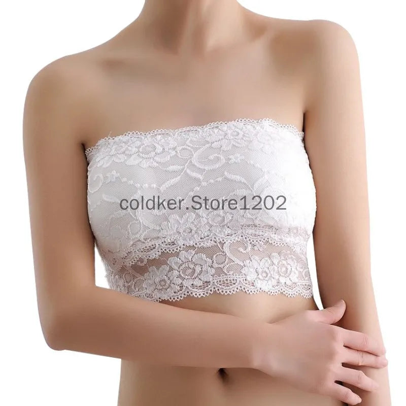 Women Floral Lace Strapless Tube Top Bra, Seamless Bandeau Soft Crop Tank Vest Chest Wrap Bralette Top