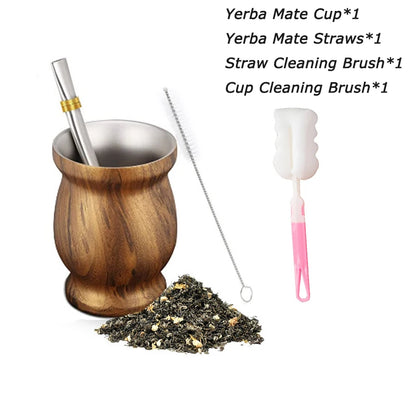 8oz 304 Stainless Steel Yerba Mate Cup Set – Double Wall Argentine Gourd with Bombilla Straw & Cleaning Brush Travel Mug
