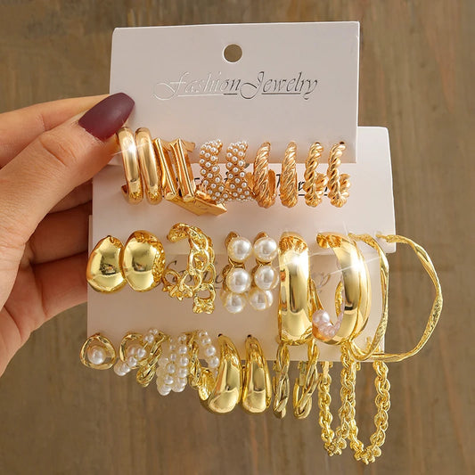 Gold Color Vintage Geometry Pearl Earrings Set – Metal Twine Square & Round Dangle Earrings for Women, Simple Trendy Party Jewelry
