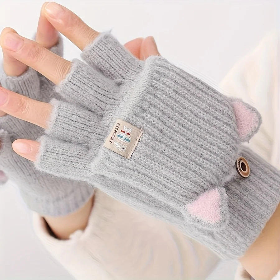 Women’s Cat Ear Fingerless Gloves - Warm Convertible Winter Gloves with Elastic Fit