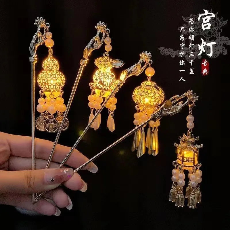 Luminous Lotus Flower Hairpin – Vintage LED Hair Stick with Lantern Tassel for Women and Traditional Hairstyles