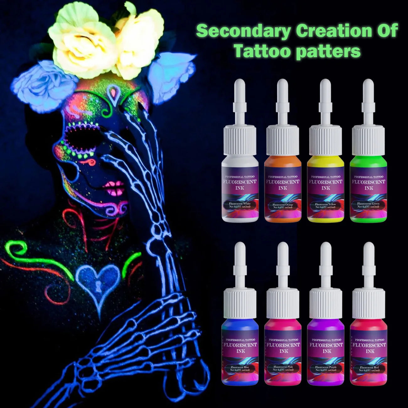 DM 8PCS 5ml Fluorescent Tattoo Ink Set – Professional Glow Tattoo Pigments for Body Art Painting & Tattoo Supplies Kit