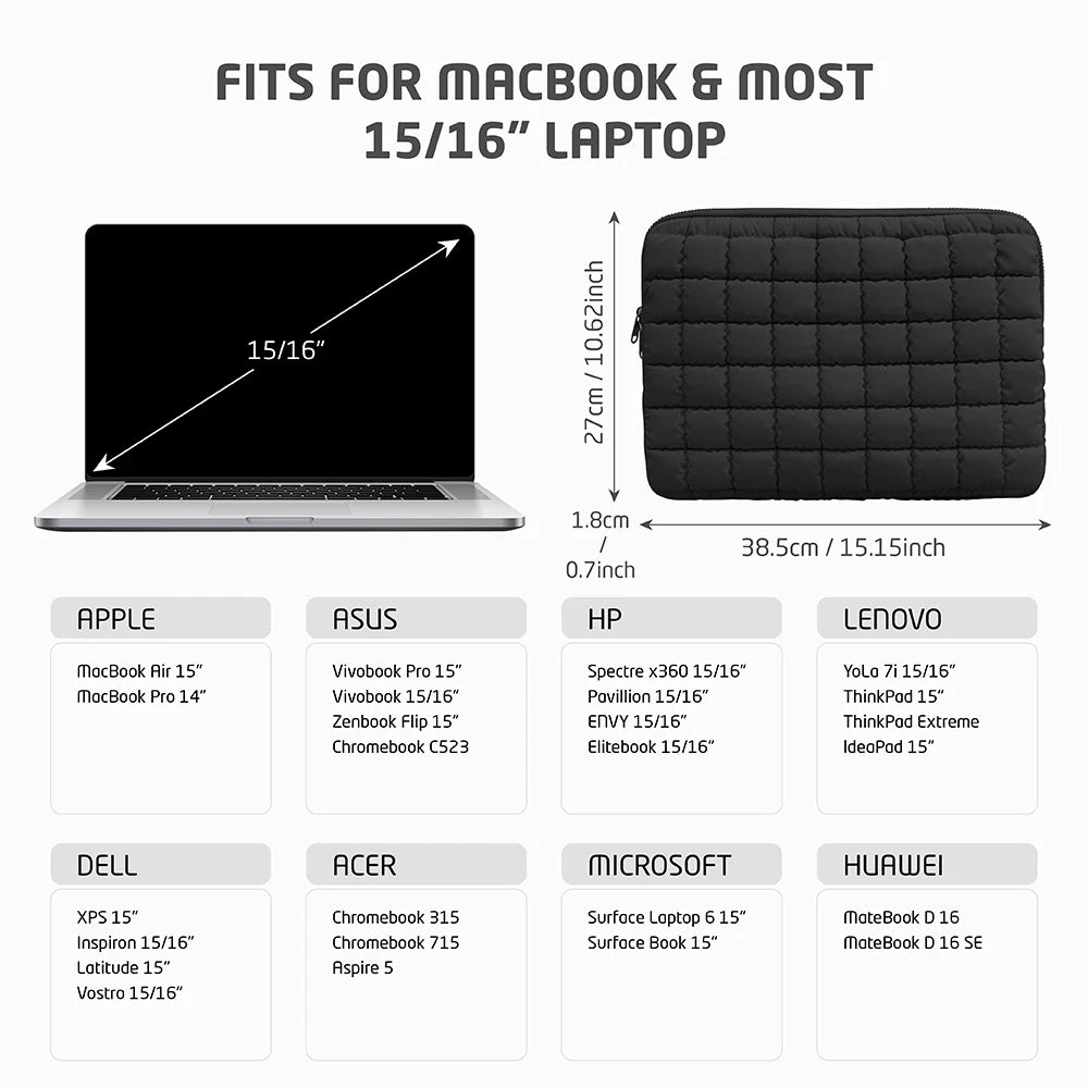 Puffy Quilted Laptop Bag Sleeve 11-15.6 Inch — Protective Notebook Cover for MacBook Air/Pro, iPad, Lenovo, HP