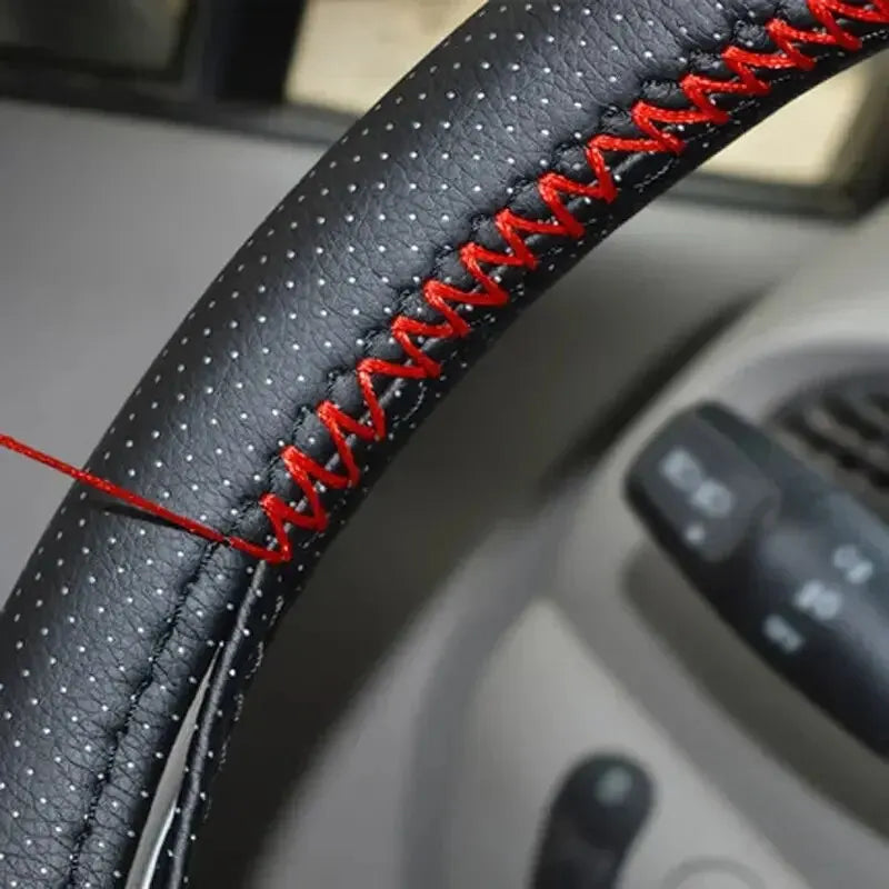 Universal Leather Car Steering Wheel Cover - DIY Stitch-On Wrap, Fits 38cm/14" Wheels, Breathable and Anti-Slip - Available in Black, Grey, Beige