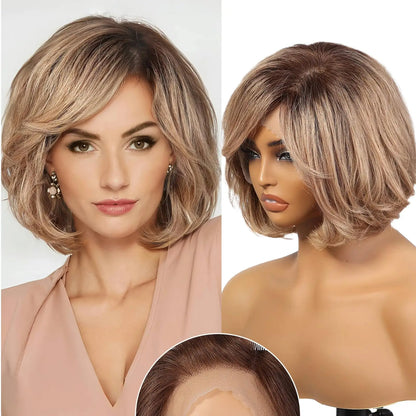 100% Remy Human Hair Transparent Lace Frontal Wig – Short Wavy Ash Brown Ombre Pixie Cut for White Women