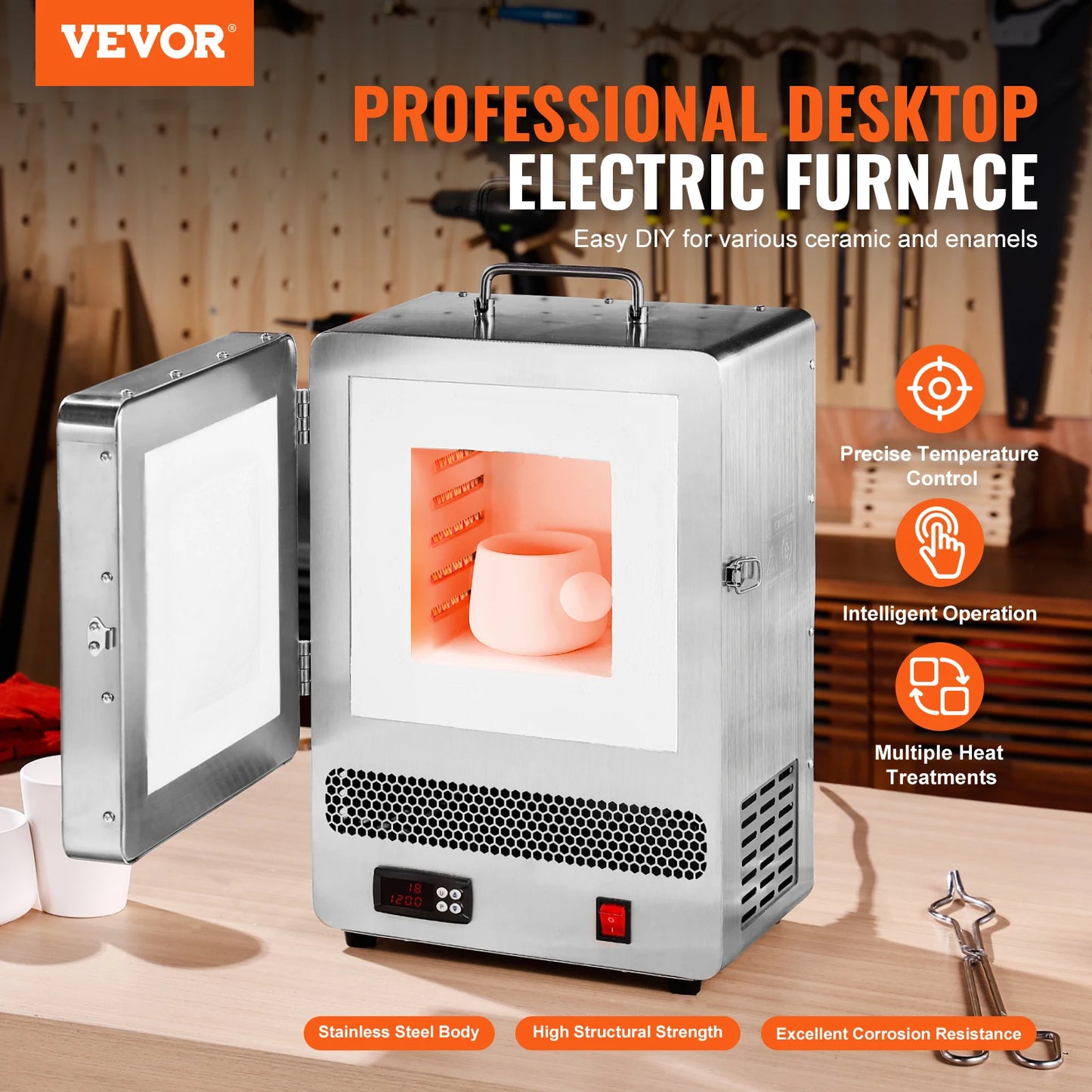 VEVOR 1500W Electric Melting Furnace – Max Temp 2192℉ Stainless Steel for Metal Clay, DIY Metal Tempering & Pottery Glazing