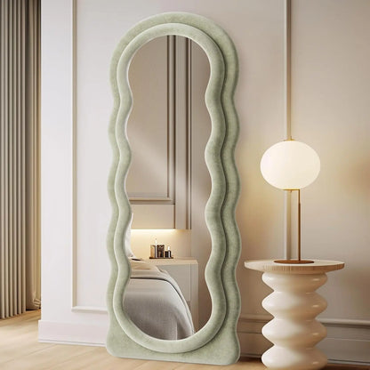 Full-Length Arched Floor Mirror – 63"x24" Wavy Full Body Mirror with Stand, Wall Mounted Leaning Milk Tea Flannel Frame