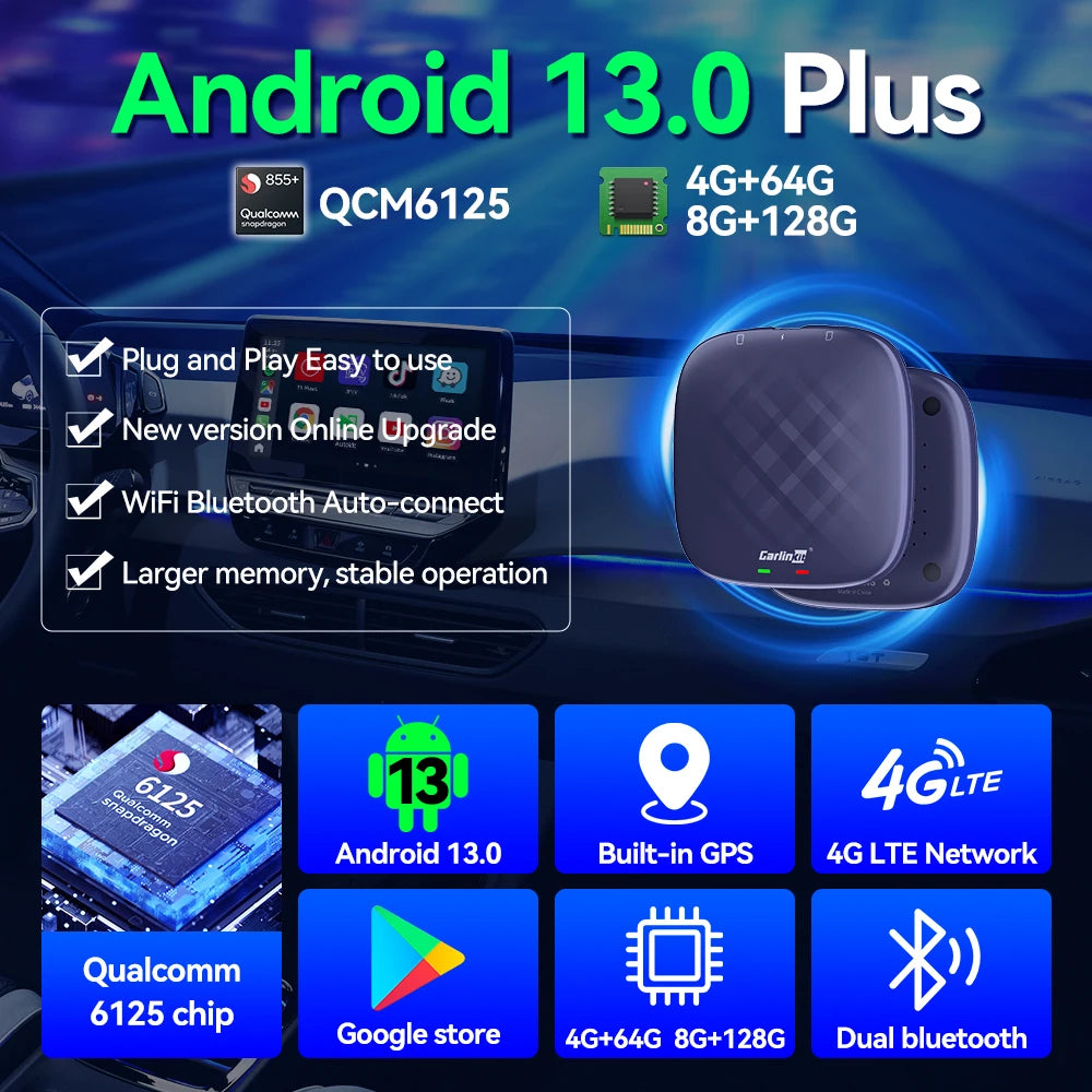 CarlinKit Android 13 AI TV Box – 8-Core Wireless CarPlay & Android Auto with Split Screen, 64G/128G for Netflix, YouTube, Play Store