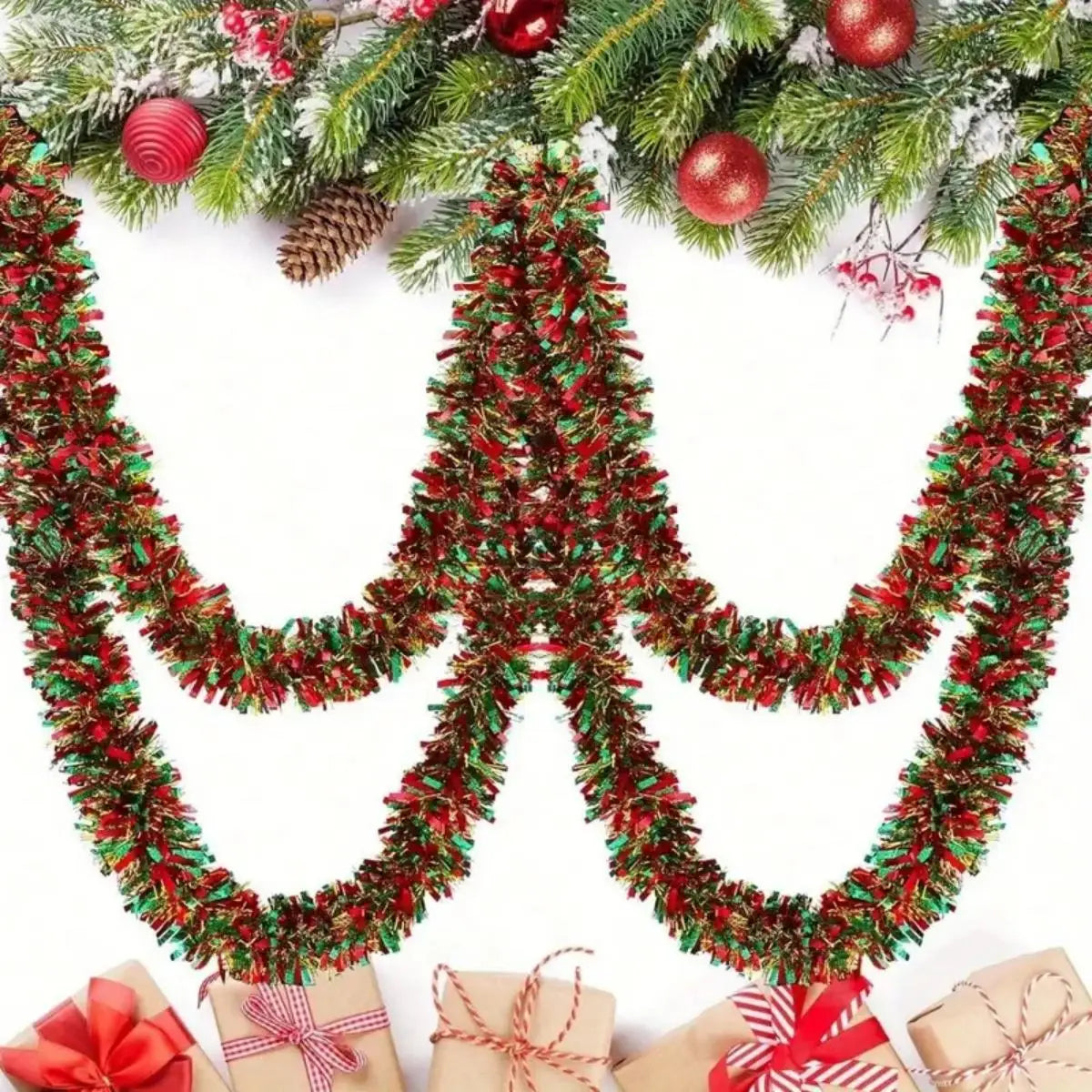Christmas Tinsel Garland with LED Lights – Shiny Thick Garland for Tree & Home Decor
