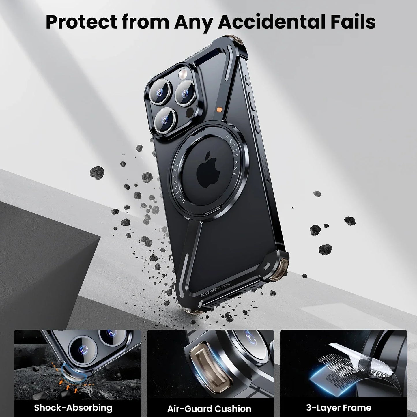 Oatsbasf Z-Shape Metal Phone Case for iPhone 15/16 Pro Max | Shockproof Cover with 360° Rotating Holder
