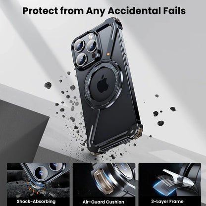 Oatsbasf Z-Shape Metal Phone Case for iPhone 15/16 Pro Max | Shockproof Cover with 360° Rotating Holder