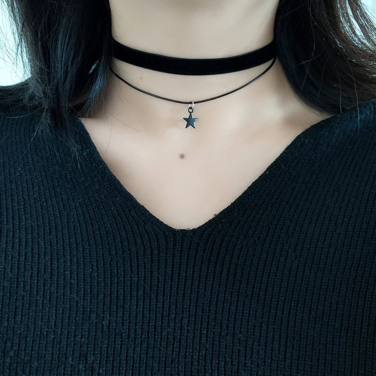 Black Velvet Pentagram Choker - Double Pendant Strap Necklace for Women, Gothic Fashion Accessory