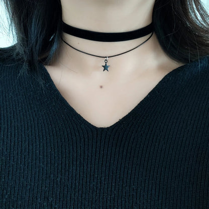 Black Velvet Pentagram Choker - Double Pendant Strap Necklace for Women, Gothic Fashion Accessory