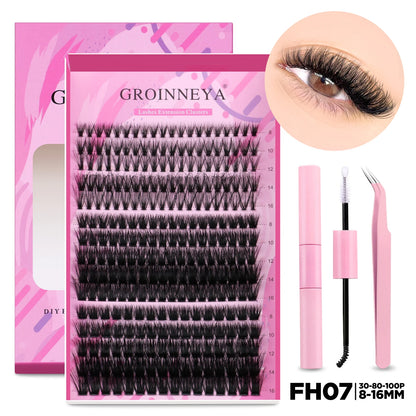 GROINNEYA DIY Lash Extension Kit – Individual & Cluster Lashes Full Set with Lash Bond and Seal for At-Home Use