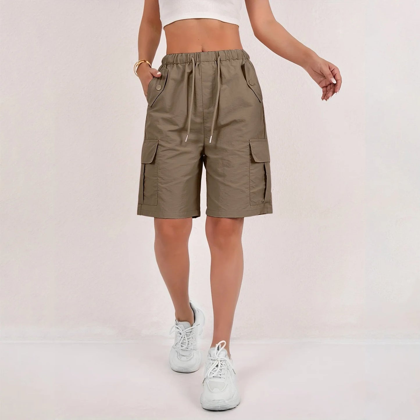 Women’s High-Waisted Cargo Shorts - Loose Straight-Leg Drawstring Sports Shorts with Multiple Pockets