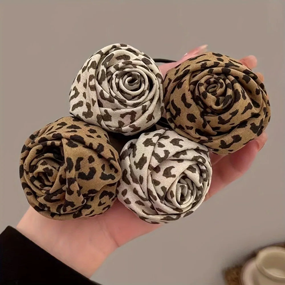 Leopard Rose Hair Ties - 1/2-Piece Elastic Floral Ponytail Accessories