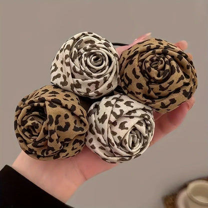 Leopard Rose Hair Ties - 1/2-Piece Elastic Floral Ponytail Accessories
