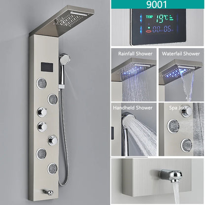 LED Light Bathroom Shower Faucet Set - Rainfall Shower Panel System with Temperature Display, Water Mixer Tap, and SPA Massage Feature