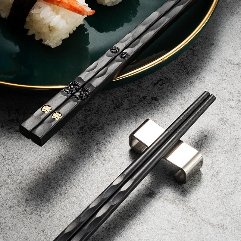 5 Pairs Japanese Reusable Chopsticks – Black Sushi Sticks for Food, Noodles, Alloy Chinese & Korean Kitchen Tableware