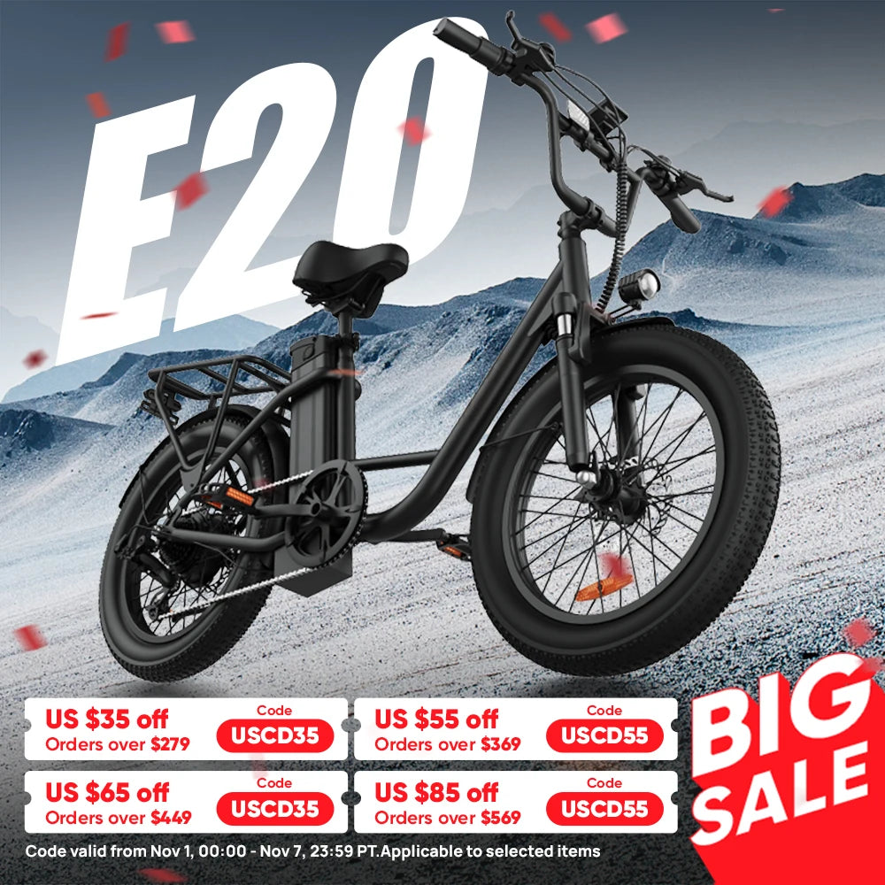 URLIFE E20 Electric Bike 1000W – 48V 13Ah Removable Battery, 20"×3" Fat Tire, 20MPH 7-Speed E-Bike with Dual Disc Brakes
