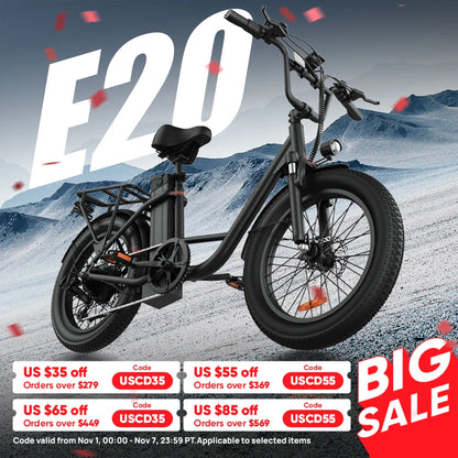 URLIFE E20 Electric Bike 1000W – 48V 13Ah Removable Battery, 20"×3" Fat Tire, 20MPH 7-Speed E-Bike with Dual Disc Brakes