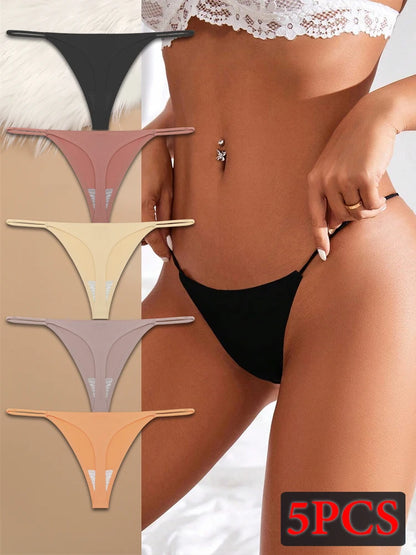 5PCS Seamless Ice Silk Thongs for Women – Low Waist Sexy Bikini T-Back, Solid Color Traceless G-String Panties, XS-XL