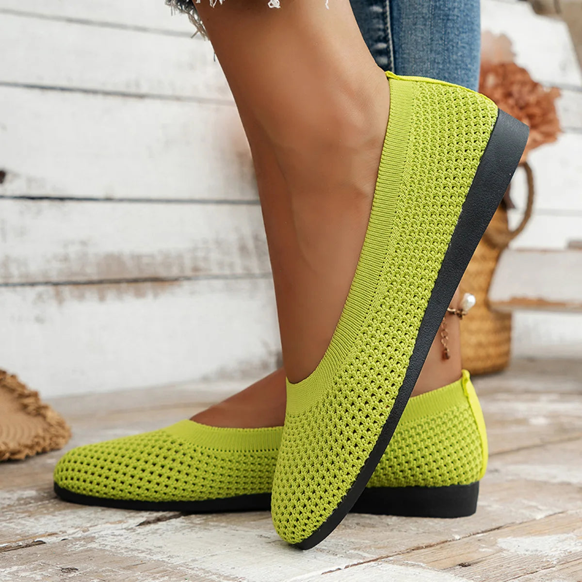 Women’s Round Toe Flat Shoes – Solid Color Knitted Slip-On Ballet Flats, Casual & Breathable Loafers