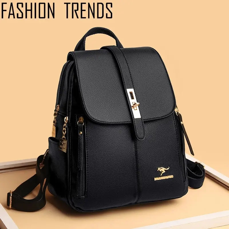 Luxury Women’s Leather Backpack - Black Vintage Casual Daypack, School Bag, and Rucksack for Girls