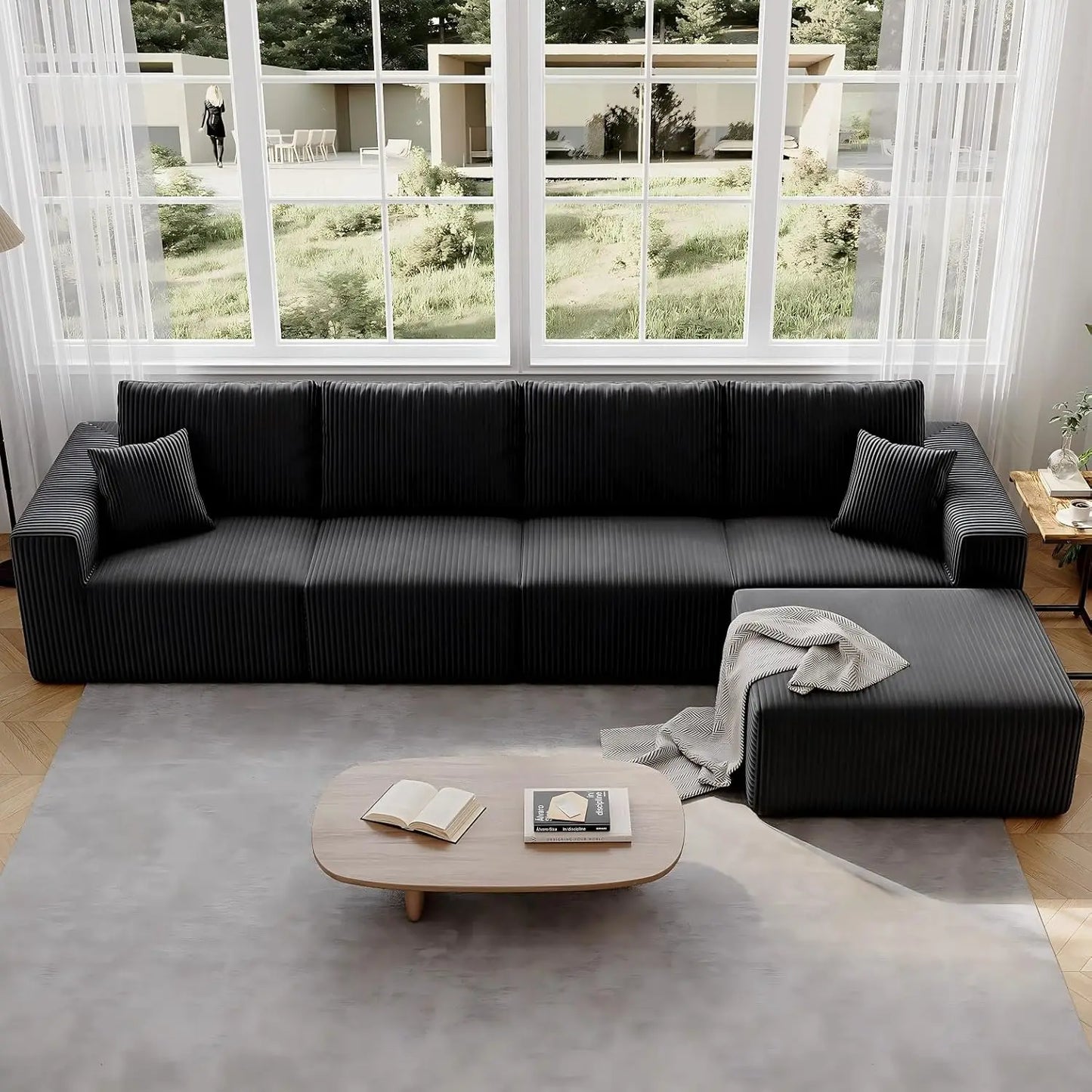139" Cloud Sectional Sofa – Deep Seat Modular L-Shape Corduroy Couch, Frameless 4-Seater Living Room Sofa with Left Chaise (Black)
