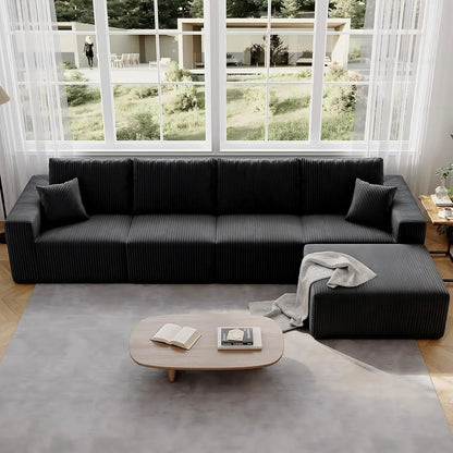 139" Cloud Sectional Sofa – Deep Seat Modular L-Shape Corduroy Couch, Frameless 4-Seater Living Room Sofa with Left Chaise (Black)