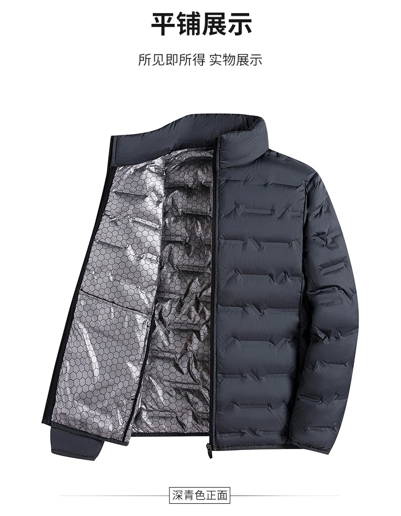 Graphene Self-Heating Down Jacket for Men – Solid Windproof, Pleated Stand Collar, Warm Winter Outerwear